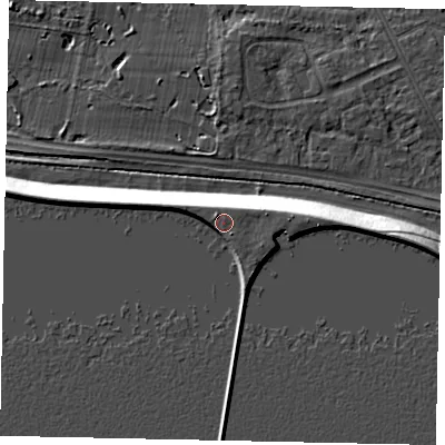 Shaded relief map of the ground around TW151UA, computed from Environment Agency LiDAR. The ground here sits at about 25 m above sea level and falls 13 m across the surrounding 800 m. Surface water reaching this point runs off ground lying to the south-east, 2.7 m higher.