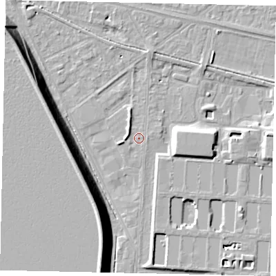 Shaded relief map of the ground around TW151UH, computed from Environment Agency LiDAR. The ground here sits at about 13 m above sea level and falls 13 m across the surrounding 800 m. Surface water reaching this point runs off ground lying to the west, 2.0 m higher.