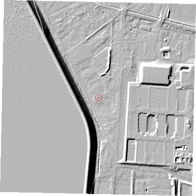 Shaded relief map of the ground around TW151XB, computed from Environment Agency LiDAR. The ground here sits at about 13 m above sea level and falls 15 m across the surrounding 800 m. Surface water reaching this point runs off ground lying to the south-south-west, 12.9 m higher.