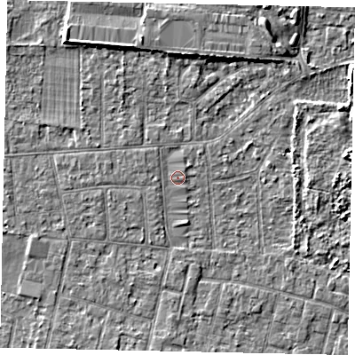 Shaded relief map of the ground around TW151YQ, computed from Environment Agency LiDAR. The ground here sits at about 14 m above sea level and falls 5 m across the surrounding 800 m. Surface water reaching this point runs off ground lying to the north-west, 0.9 m higher.