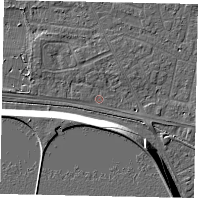 Shaded relief map of the ground around TW152AB, computed from Environment Agency LiDAR. The ground here sits at about 14 m above sea level and falls 13 m across the surrounding 800 m. Surface water reaching this point runs off ground lying to the north-north-west, 1.1 m higher.