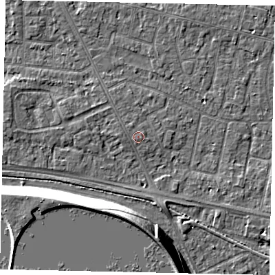 Shaded relief map of the ground around TW152AJ, computed from Environment Agency LiDAR. The ground here sits at about 14 m above sea level and falls 13 m across the surrounding 800 m. Surface water reaching this point runs off ground lying to the south-west, 0.9 m higher.