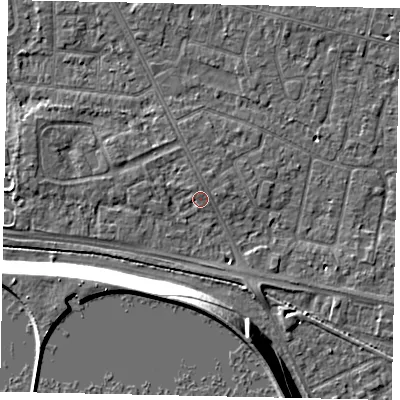 Shaded relief map of the ground around TW152AL, computed from Environment Agency LiDAR. The ground here sits at about 14 m above sea level and falls 13 m across the surrounding 800 m. Surface water reaching this point runs off ground lying to the north-west, 0.7 m higher.