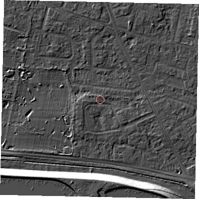 Shaded relief map of the ground around TW152AP, computed from Environment Agency LiDAR. The ground here sits at about 14 m above sea level and falls 13 m across the surrounding 800 m. Surface water reaching this point runs off ground lying to the south-west, 2.0 m higher.