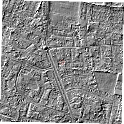 Shaded relief map of the ground around TW152AQ, computed from Environment Agency LiDAR. The ground here sits at about 13 m above sea level and falls 3 m across the surrounding 800 m. Surface water reaching this point runs off ground lying to the north-north-west, 0.9 m higher.
