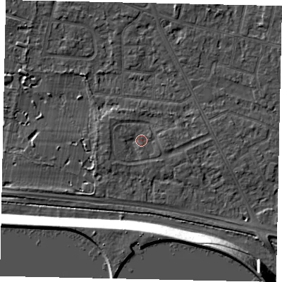 Shaded relief map of the ground around TW152AS, computed from Environment Agency LiDAR. The ground here sits at about 14 m above sea level and falls 13 m across the surrounding 800 m. Surface water reaching this point runs off ground lying to the west-south-west, 1.7 m higher.