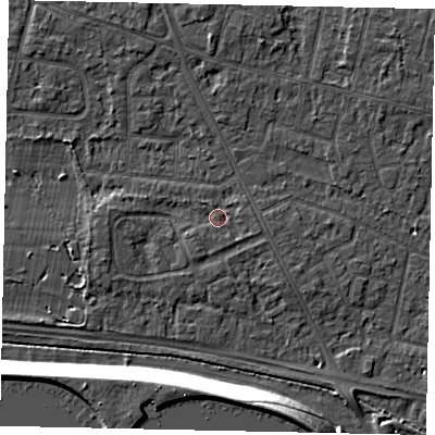 Shaded relief map of the ground around TW152AT, computed from Environment Agency LiDAR. The ground here sits at about 14 m above sea level and falls 13 m across the surrounding 800 m. Surface water reaching this point runs off ground lying to the south-south-east, 1.0 m higher.