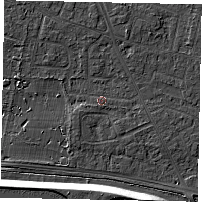 Shaded relief map of the ground around TW152BB, computed from Environment Agency LiDAR. The ground here sits at about 14 m above sea level and falls 13 m across the surrounding 800 m. Surface water reaching this point runs off ground lying to the south-west, 1.0 m higher.