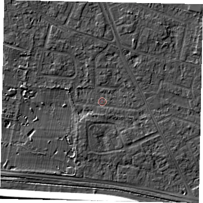 Shaded relief map of the ground around TW152BD, computed from Environment Agency LiDAR. The ground here sits at about 13 m above sea level and falls 12 m across the surrounding 800 m. Surface water reaching this point runs off ground lying to the west, 2.6 m higher.