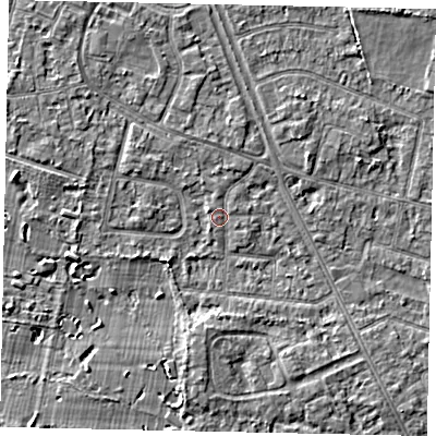 Shaded relief map of the ground around TW152BE, computed from Environment Agency LiDAR. The ground here sits at about 14 m above sea level and falls 3 m across the surrounding 800 m. Surface water reaching this point runs off ground lying to the west-north-west, 1.5 m higher.