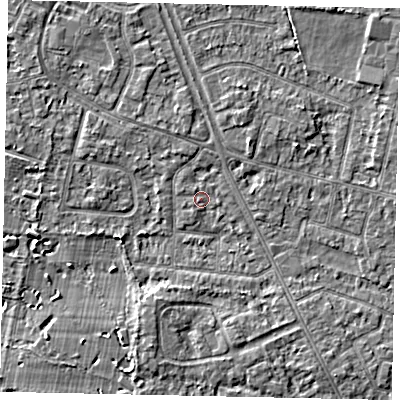 Shaded relief map of the ground around TW152BH, computed from Environment Agency LiDAR. The ground here sits at about 14 m above sea level and falls 3 m across the surrounding 800 m. Surface water reaching this point runs off ground lying to the west-north-west, 0.8 m higher.