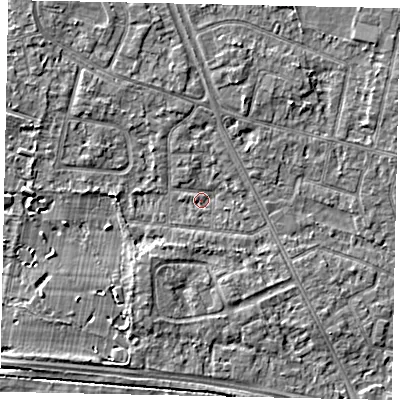 Shaded relief map of the ground around TW152BJ, computed from Environment Agency LiDAR. The ground here sits at about 13 m above sea level and falls 3 m across the surrounding 800 m. Surface water reaching this point runs off ground lying to the west, 2.6 m higher.