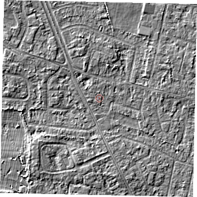 Shaded relief map of the ground around TW152BP, computed from Environment Agency LiDAR. The ground here sits at about 13 m above sea level and falls 3 m across the surrounding 800 m. Surface water reaching this point runs off ground lying to the south-west, 2.4 m higher.