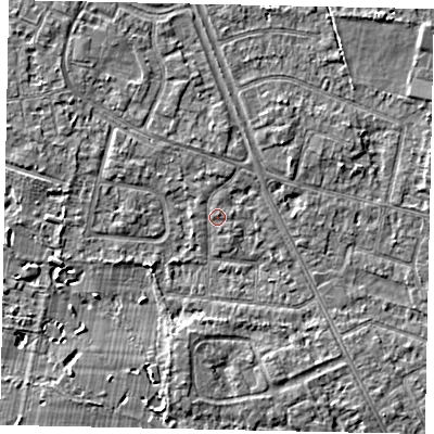Shaded relief map of the ground around TW152BQ, computed from Environment Agency LiDAR. The ground here sits at about 14 m above sea level and falls 3 m across the surrounding 800 m. Surface water reaching this point runs off ground lying to the west-north-west, 1.5 m higher.