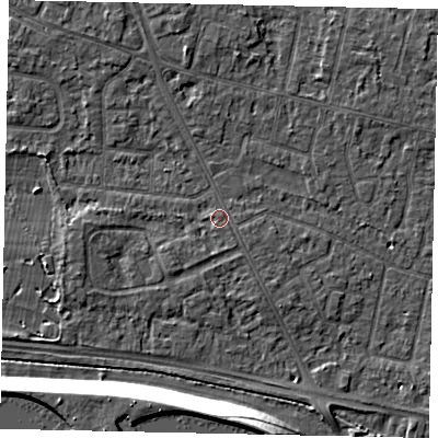 Shaded relief map of the ground around TW152BS, computed from Environment Agency LiDAR. The ground here sits at about 14 m above sea level and falls 13 m across the surrounding 800 m. Surface water reaching this point runs off ground lying to the south-west, 1.1 m higher.
