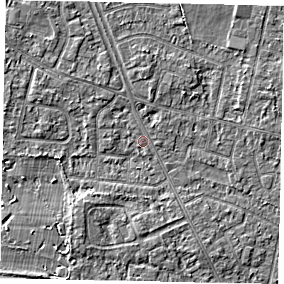Shaded relief map of the ground around TW152BT, computed from Environment Agency LiDAR. The ground here sits at about 13 m above sea level and falls 3 m across the surrounding 800 m. Surface water reaching this point runs off ground lying to the north-north-west, 1.5 m higher.