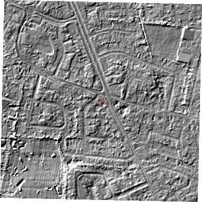 Shaded relief map of the ground around TW152BU, computed from Environment Agency LiDAR. The ground here sits at about 14 m above sea level and falls 3 m across the surrounding 800 m. Surface water reaching this point runs off ground lying to the north-west, 1.5 m higher.