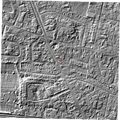 Shaded relief map of the ground around TW152BW, computed from Environment Agency LiDAR. The ground here sits at about 13 m above sea level and falls 3 m across the surrounding 800 m. Surface water reaching this point runs off ground lying to the south-west, 2.4 m higher.
