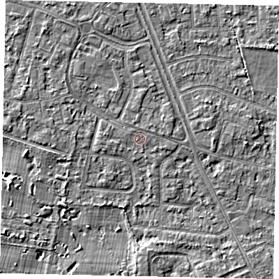 Shaded relief map of the ground around TW152BX, computed from Environment Agency LiDAR. The ground here sits at about 14 m above sea level and falls 4 m across the surrounding 800 m. Surface water reaching this point runs off ground lying to the north-west, 1.5 m higher.