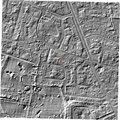 Shaded relief map of the ground around TW152BZ, computed from Environment Agency LiDAR. The ground here sits at about 14 m above sea level and falls 4 m across the surrounding 800 m. Surface water reaching this point runs off ground lying to the west-north-west, 1.0 m higher.