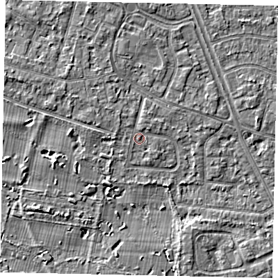 Shaded relief map of the ground around TW152DA, computed from Environment Agency LiDAR. The ground here sits at about 14 m above sea level and falls 4 m across the surrounding 800 m. Surface water reaching this point runs off ground lying to the north-east, 0.7 m higher.