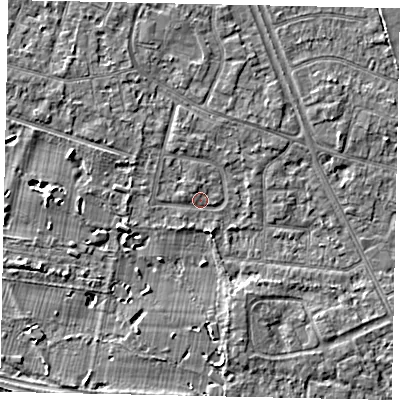 Shaded relief map of the ground around TW152DB, computed from Environment Agency LiDAR. The ground here sits at about 14 m above sea level and falls 4 m across the surrounding 800 m. Surface water reaching this point runs off ground lying to the west, 1.9 m higher.