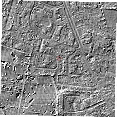 Shaded relief map of the ground around TW152DD, computed from Environment Agency LiDAR. The ground here sits at about 14 m above sea level and falls 4 m across the surrounding 800 m. Surface water reaching this point runs off ground lying to the west-north-west, 1.2 m higher.