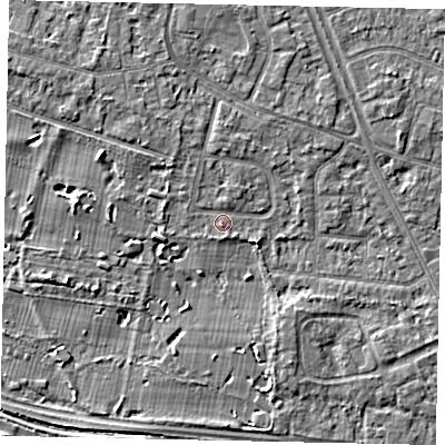 Shaded relief map of the ground around TW152DE, computed from Environment Agency LiDAR. The ground here sits at about 14 m above sea level and falls 5 m across the surrounding 800 m. Surface water reaching this point runs off ground lying to the west-north-west, 1.9 m higher.