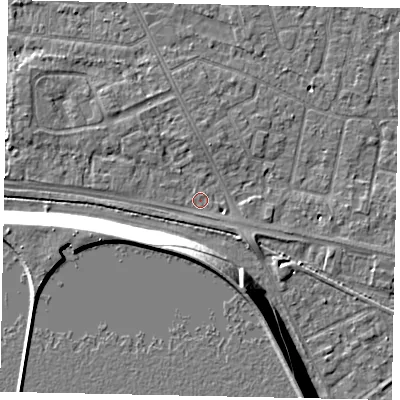 Shaded relief map of the ground around TW152EY, computed from Environment Agency LiDAR. The ground here sits at about 13 m above sea level and falls 13 m across the surrounding 800 m. Surface water reaching this point runs off ground lying to the west-north-west, 2.8 m higher.