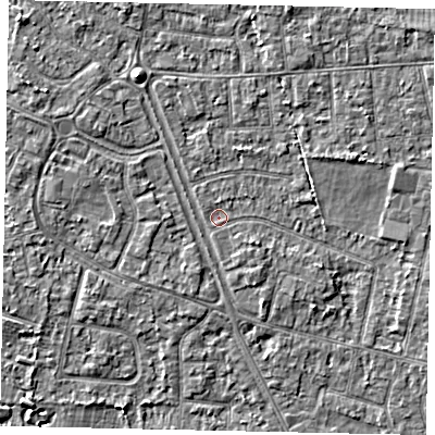 Shaded relief map of the ground around TW152HN, computed from Environment Agency LiDAR. The ground here sits at about 14 m above sea level and falls 3 m across the surrounding 800 m. Surface water reaching this point runs off ground lying to the south-east, 0.9 m higher.