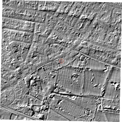 Shaded relief map of the ground around TW152SP, computed from Environment Agency LiDAR. The ground here sits at about 15 m above sea level and falls 4 m across the surrounding 800 m. Surface water reaching this point runs off ground lying to the south-east, 0.7 m higher.