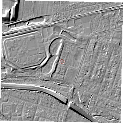 Shaded relief map of the ground around TW153LD, computed from Environment Agency LiDAR. The ground here sits at about 15 m above sea level and falls 7 m across the surrounding 800 m. Surface water reaching this point runs off ground lying to the north, 1.3 m higher.