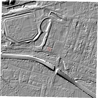 Shaded relief map of the ground around TW153LF, computed from Environment Agency LiDAR. The ground here sits at about 14 m above sea level and falls 7 m across the surrounding 800 m. Surface water reaching this point runs off ground lying to the north-north-east, 0.9 m higher.