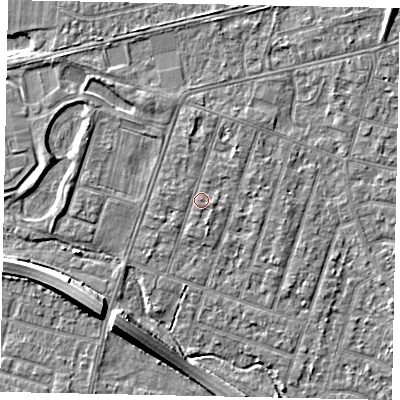 Shaded relief map of the ground around TW153LJ, computed from Environment Agency LiDAR. The ground here sits at about 15 m above sea level and falls 8 m across the surrounding 800 m. Surface water reaching this point runs off ground lying to the east-south-east, 0.6 m higher.