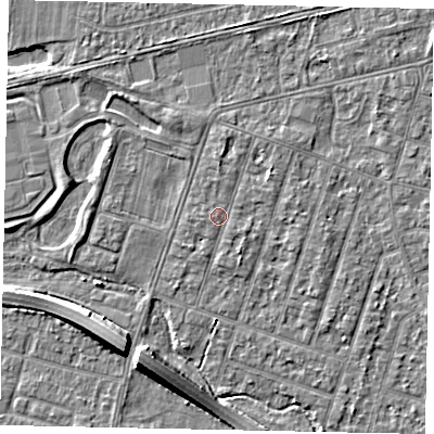 Shaded relief map of the ground around TW153LL, computed from Environment Agency LiDAR. The ground here sits at about 15 m above sea level and falls 7 m across the surrounding 800 m. Surface water reaching this point runs off ground lying to the north, 0.6 m higher.