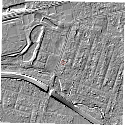 Shaded relief map of the ground around TW153LQ, computed from Environment Agency LiDAR. The ground here sits at about 14 m above sea level and falls 8 m across the surrounding 800 m. Surface water reaching this point runs off ground lying to the north-north-east, 1.6 m higher.