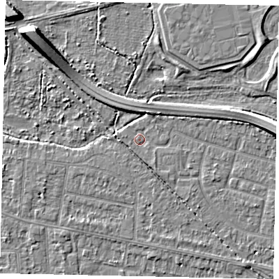 Shaded relief map of the ground around TW153LU, computed from Environment Agency LiDAR. The ground here sits at about 14 m above sea level and falls 9 m across the surrounding 800 m. Surface water reaching this point runs off ground lying to the north-west, 7.9 m higher.