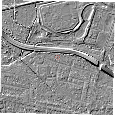 Shaded relief map of the ground around TW153LY, computed from Environment Agency LiDAR. The ground here sits at about 14 m above sea level and falls 7 m across the surrounding 800 m. Surface water reaching this point runs off ground lying to the east, 3.9 m higher.