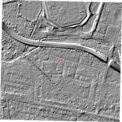 Shaded relief map of the ground around TW153LZ, computed from Environment Agency LiDAR. The ground here sits at about 14 m above sea level and falls 7 m across the surrounding 800 m. Surface water reaching this point runs off ground lying to the south-south-east, 2.5 m higher.
