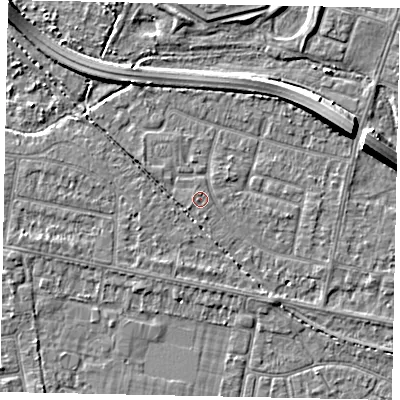 Shaded relief map of the ground around TW153NA, computed from Environment Agency LiDAR. The ground here sits at about 14 m above sea level and falls 7 m across the surrounding 800 m. Surface water reaching this point runs off ground lying to the south-west, 0.7 m higher.