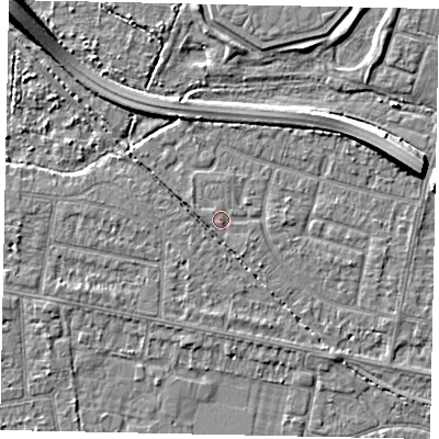 Shaded relief map of the ground around TW153NB, computed from Environment Agency LiDAR. The ground here sits at about 15 m above sea level and falls 8 m across the surrounding 800 m. Surface water reaching this point runs off ground lying to the west-north-west, 1.5 m higher.
