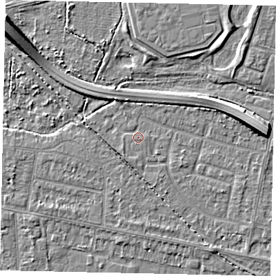 Shaded relief map of the ground around TW153ND, computed from Environment Agency LiDAR. The ground here sits at about 14 m above sea level and falls 8 m across the surrounding 800 m. Surface water reaching this point runs off ground lying to the north-west, 3.1 m higher.