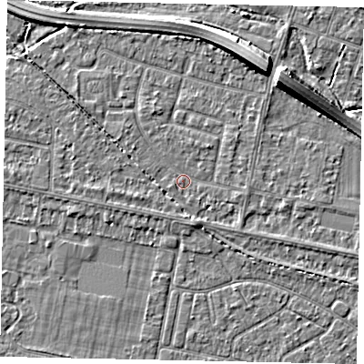 Shaded relief map of the ground around TW153NE, computed from Environment Agency LiDAR. The ground here sits at about 14 m above sea level and falls 7 m across the surrounding 800 m. Surface water reaching this point runs off ground lying to the south-south-east, 2.5 m higher.