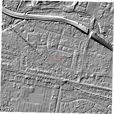 Shaded relief map of the ground around TW153NF, computed from Environment Agency LiDAR. The ground here sits at about 14 m above sea level and falls 7 m across the surrounding 800 m. The ground contributing surface water to this point lies to the north-north-west.