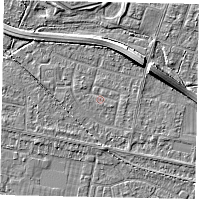Shaded relief map of the ground around TW153NG, computed from Environment Agency LiDAR. The ground here sits at about 14 m above sea level and falls 7 m across the surrounding 800 m. Surface water reaching this point runs off ground lying to the south, 2.5 m higher.