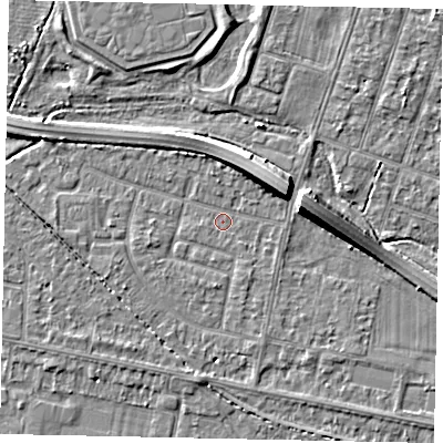 Shaded relief map of the ground around TW153NH, computed from Environment Agency LiDAR. The ground here sits at about 14 m above sea level and falls 7 m across the surrounding 800 m. Surface water reaching this point runs off ground lying to the south-west, 0.5 m higher.
