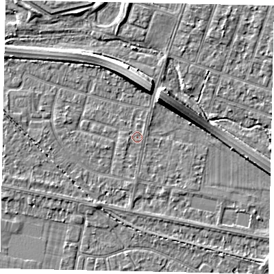 Shaded relief map of the ground around TW153NJ, computed from Environment Agency LiDAR. The ground here sits at about 14 m above sea level and falls 7 m across the surrounding 800 m. Surface water reaching this point runs off ground lying to the west-south-west, 0.9 m higher.