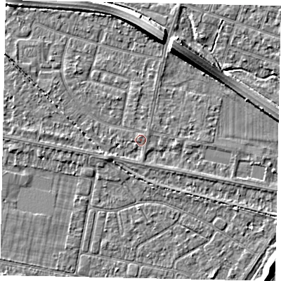 Shaded relief map of the ground around TW153NL, computed from Environment Agency LiDAR. The ground here sits at about 14 m above sea level and falls 8 m across the surrounding 800 m. Surface water reaching this point runs off ground lying to the west-south-west, 2.5 m higher.