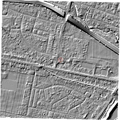 Shaded relief map of the ground around TW153NN, computed from Environment Agency LiDAR. The ground here sits at about 14 m above sea level and falls 8 m across the surrounding 800 m. Surface water reaching this point runs off ground lying to the south-south-west, 0.9 m higher.