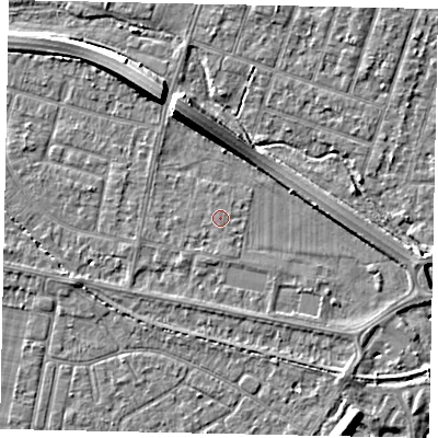 Shaded relief map of the ground around TW153NP, computed from Environment Agency LiDAR. The ground here sits at about 14 m above sea level and falls 8 m across the surrounding 800 m. Surface water reaching this point runs off ground lying to the south-west, 0.6 m higher.